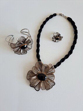 Alberto Luzzi Set Necklace Bracelet Ring 925 Silver Flower with Agate